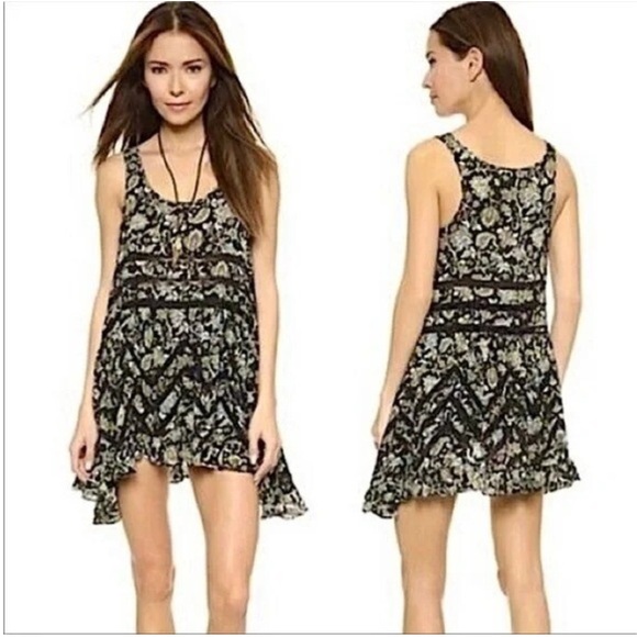 Free People Intimately Lace A-Line Mini Dress, Tunic, Black Floral, Size Small - Picture 1 of 6